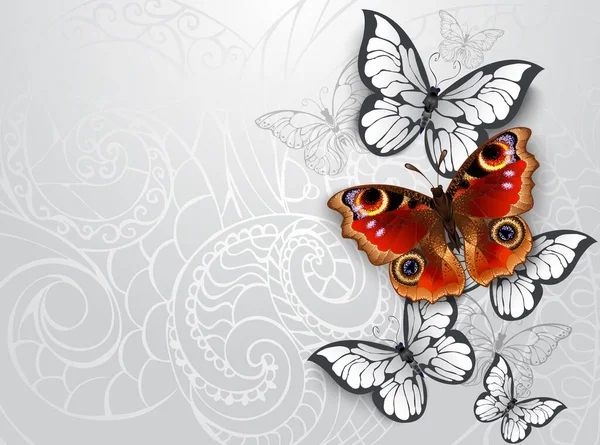 Ojo Pavo Real Mariposa Rojo Realista Texturizado Con Mariposas Blancas — Vector de stock