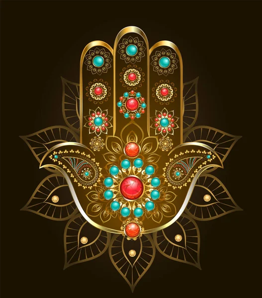 Esoteric Oriental Symbol Hand Hamsa Gold Turquoise Jasper Black Background — Stock Vector