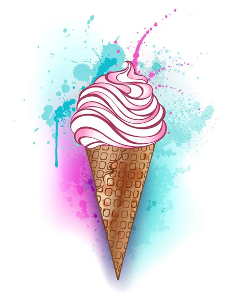 Helado Rosa Con Cuerno Gofre Pintado Acuarela Sobre Fondo Blanco — Archivo Imágenes Vectoriales