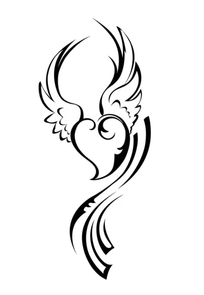 小天使心形 翅膀由白色背景的黑色轮廓画出 纹身风格 — 图库矢量图片