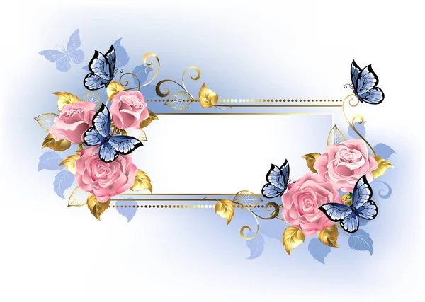 Estrecho Estandarte Con Rosas Rosadas Hojas Azules Doradas Con Mariposas — Vector de stock