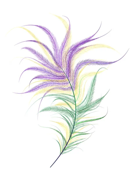 Pluma Avestruz Pintada Color Violeta Verde Amarillo Sobre Fondo Blanco — Vector de stock