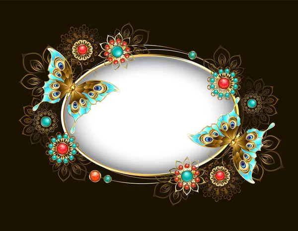 Oval Banner Adorned Turquoise Butterflies Ethnic Jeweled Ornaments Encrusted Turquoise — Stock Vector
