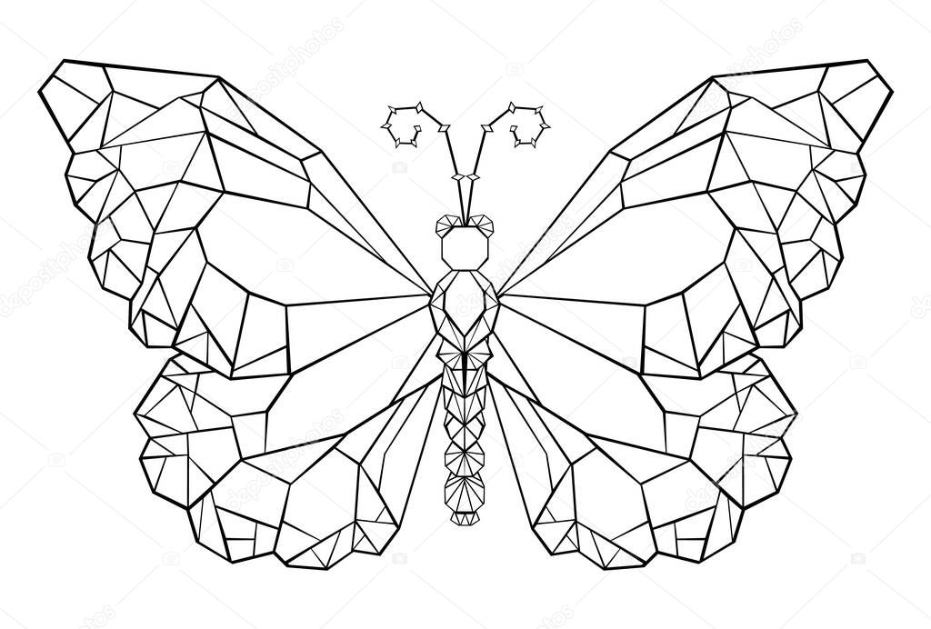 Polygonal butterfly monarch painted in black outline on white background. Butterfly Monarch. Polygonal graphics.