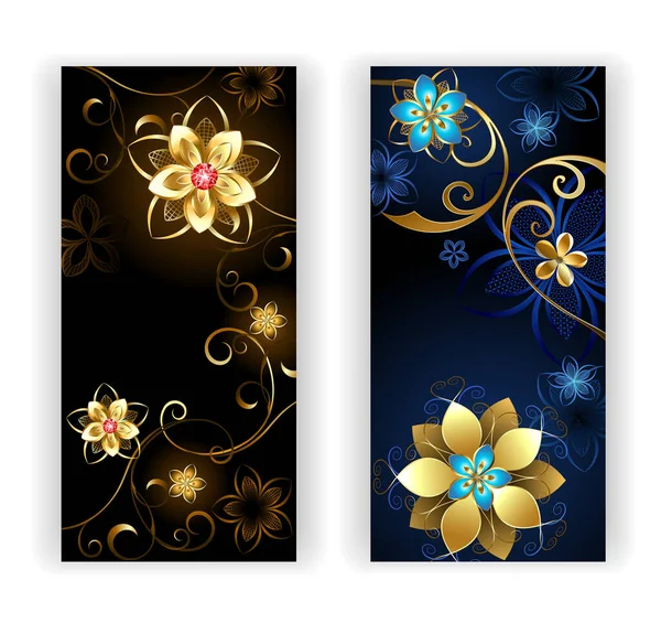 Two Vertical Banner Shiny Gold Jewelry Flowers Black Background — Stock Vector