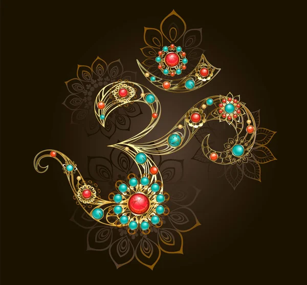 Symbole Orné Fleurs Précieuses Avec Cornaline Turquoise Sur Fond Brun — Image vectorielle