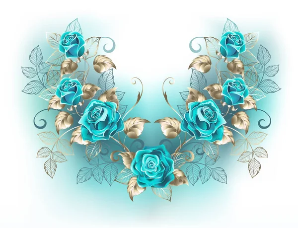 Symmetrical Pattern Turquoise Roses Golden Stems Leaves White Background Blue — Stock Vector