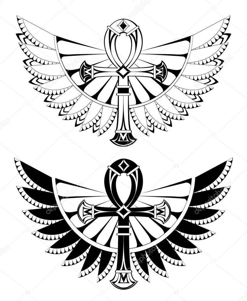 Two artistically drawn, contoured ankhs with wings on a white background. Tattoos style. Element of design. Egyptian Cross. Black ank