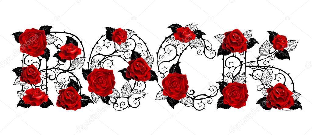 Creative inscription rock of woven black, thorny stems with red realistic roses, painted in tattoo style on white background.