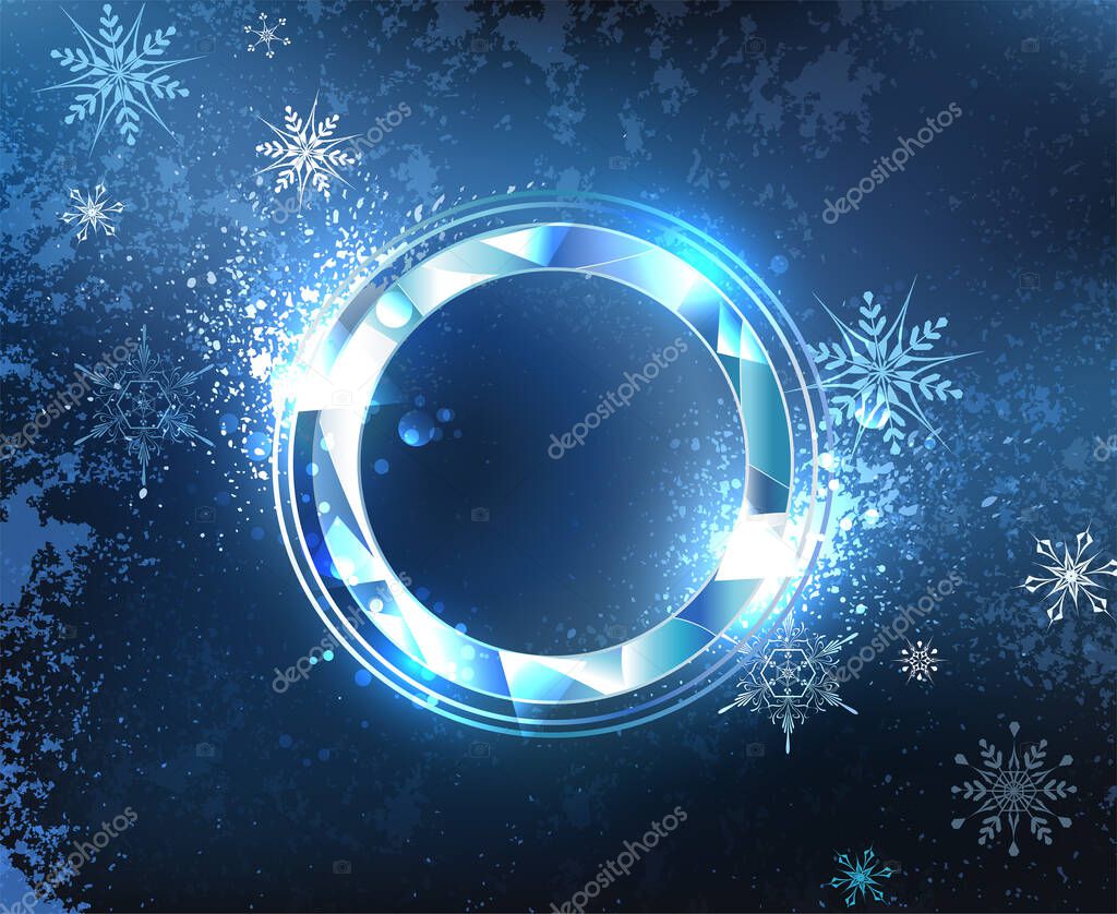 Round, faceted banner of blue sparkling ice blue cold background with snowflakes. Ice design