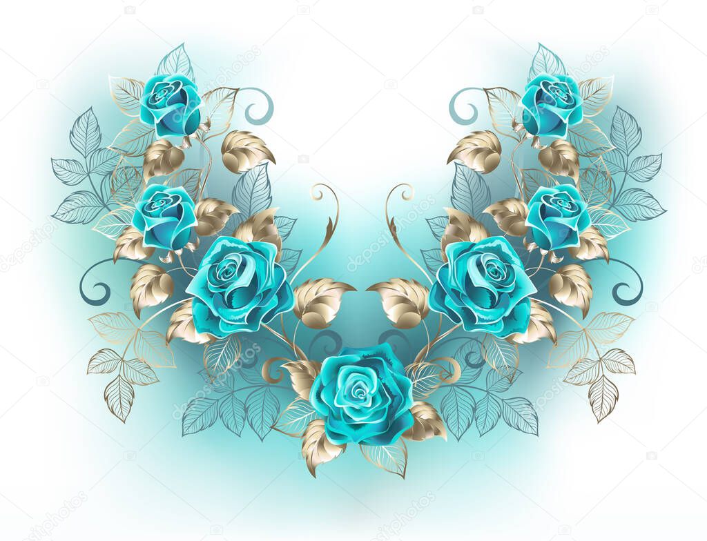 Symmetrical pattern of turquoise roses with golden stems and leaves on white background. Blue Tiffany. Fashionable color. Turquoise rose.