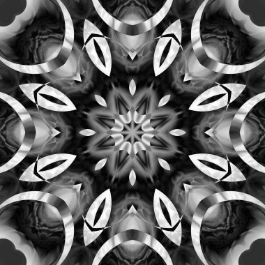 Siyah beyaz resimler fantezi unsurları ile. İnce yapısı duvar kağıdı, yüzey, formları. Çini motifi.