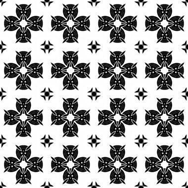 Geometrik şekilli siyah beyaz desenli yüzey. Kumaş ya da ambalaj kağıdı, simetri ve geleneksel motif üzerine bir tasarım olabilir..