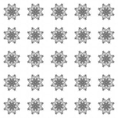 Siyah ve beyaz, dikişsiz desen. Çiçeksel süslemeli tek renkli damaske arka planı. Beyaz üzerine zarif bir süs. Dekoratif arka planı tekrarla. Süslü tasarım. Parmak izi, kumaş, duvar kağıtları için..