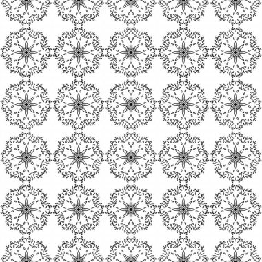 Siyah ve beyaz, dikişsiz desen. Çiçeksel süslemeli tek renkli damaske arka planı. Beyaz üzerine zarif bir süs. Dekoratif arka planı tekrarla. Süslü tasarım. Parmak izi, kumaş, duvar kağıtları için..