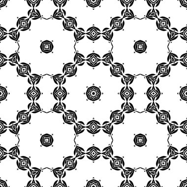 Siyah ve beyaz, dikişsiz desen. Çiçeksel süslemeli tek renkli damaske arka planı. Beyaz üzerine zarif bir süs. Dekoratif arka planı tekrarla. Süslü tasarım. Parmak izi, kumaş, duvar kağıtları için..