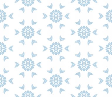 Açık mavi ve beyaz renksiz desen. Çiçeksel süslemeli tek renkli damaske arka planı. Beyaz üzerine zarif bir süs. Dekoratif arka planı tekrarla. Süslü tasarım. Parmak izi, kumaş, duvar kağıtları için..