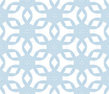 Açık mavi ve beyaz renksiz desen. Çiçeksel süslemeli tek renkli damaske arka planı. Beyaz üzerine zarif bir süs. Dekoratif arka planı tekrarla. Süslü tasarım. Parmak izi, kumaş, duvar kağıtları için..