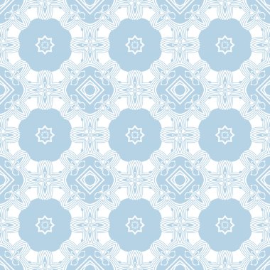 Geometrik şekilli mavi ve beyaz desenli yüzey. Kumaş ya da ambalaj kağıdı, simetri ve geleneksel motif üzerine bir tasarım olabilir..