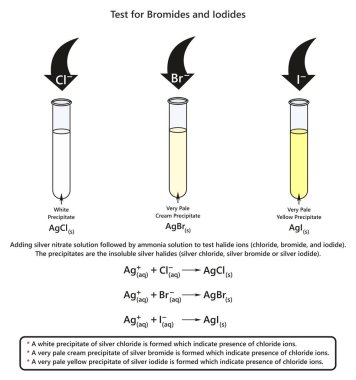 Bir laboratuvar deneyi Kimya bilim eğitimi için klorür bromür ve iyodür iyonu olduğunu gösteren gösteren bromürler ve Iodides Infographic diyagram için test