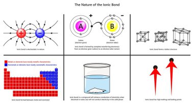 The Nature of the Ionic Bond infographic diagram including electrostatic complete electron transfer lattice structure metals and nonmetals conduction boiling melting points for chemistry education clipart