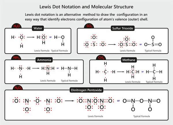 Lewis Dot Notation Und Molekulare Struktur Infografisches Diagramm Mit Beispielen — Stockvektor