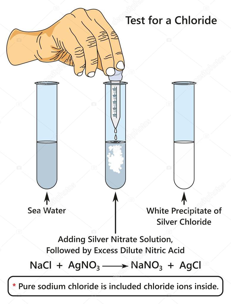 Test for a Chloride infographic diagram showing a laboratory experiment indicates presence of chloride ion when adding silver nitrate solution to sea water for chemistry science education