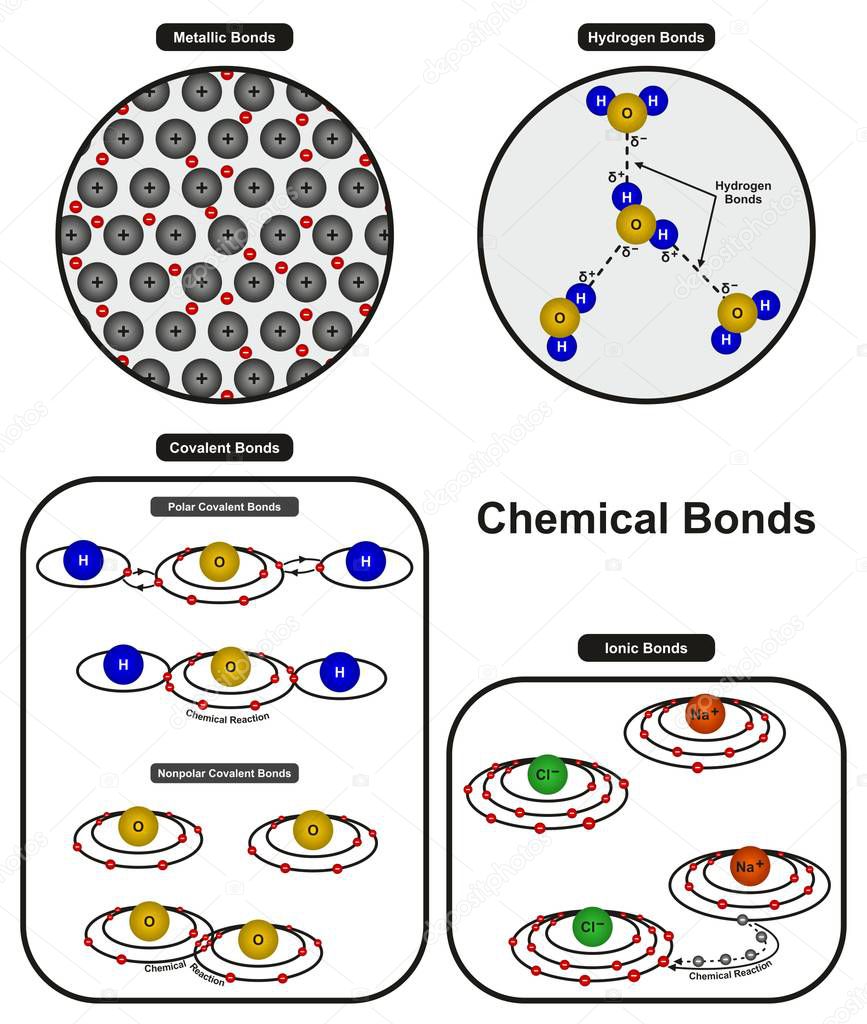 Chemical Bonds infographic diagram showing types of bonding including metallic hydrogen ionic polar and nonpolar covalent bonds for chemistry science education
