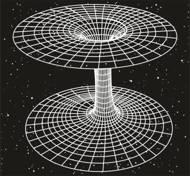 Görelilik teorisi kavramı bir kroki kara delik veya solucan yer alan arka plan ile gösterilen yıldızlar ve Fizik Bilimleri Eğitim için zaman enerji kitle ve ışık hızı arasındaki ilişki ile dolu