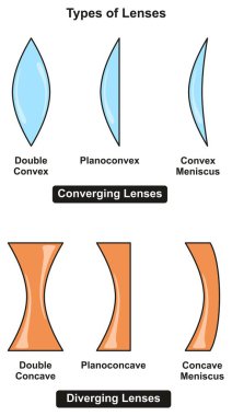 Types of Lenses infographic Diagram including converging and diverging with subtypes for each of them for optical physics science education  clipart
