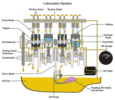 Araç yağlama sistemi Infographic diyagramı gösteren tüm parçalar ile araba motor bölümünü ve yağlama yağı ve pan filtre yolunu çapraz ve mekanik ve yol güvenliği farkındalık eğitimi için ölçer