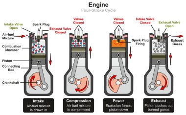 Motor dört kontur döngü Infographic diyagramı aşamaları alımı sıkıştırma güç ve gösterilen egzoz dahil olmak üzere parçaları ve açık ve kapalı Mekanik Fizik bilim eğitimi için vanalar