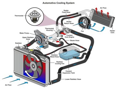 Mekanik ve yol trafik güvenliği bilim eğitim için otomotiv soğutma sistemi Infographic diyagramı gösteren işlem ve tüm parçaları dahil radyatör hortumları soğutucu akış termostat fan tank ve hava akışı