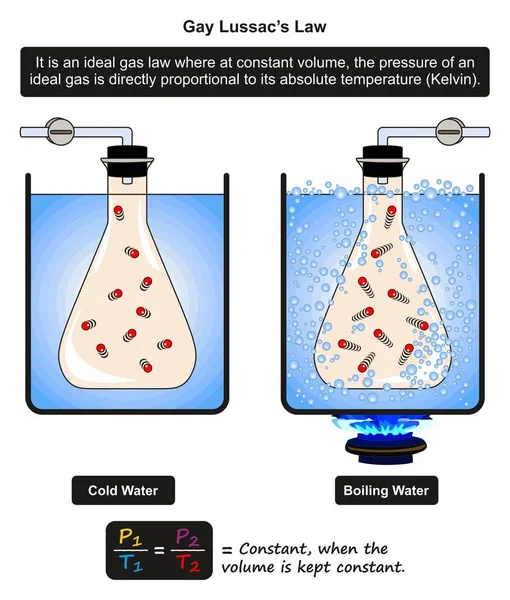 Lussacs 法律インフォ グラフィック ダイアグラム風邪の例を示すと フラスコに水を沸騰でいっぱいガスの一定量と物理科学教育の圧力と温度の関係 — ストックベクタ