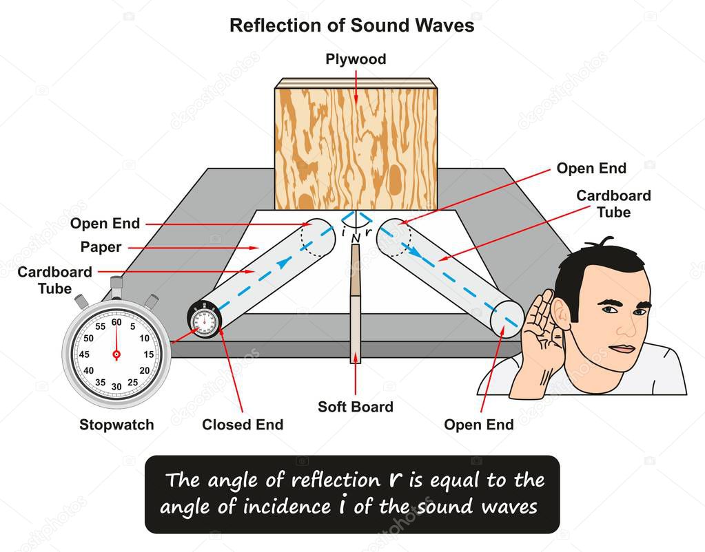 Reflection of Sound Waves showing a lab experiment where a stopwatch placed inside cardboard tube and waves reflected on plywood and man hearing sound from other cardboard tube for science education