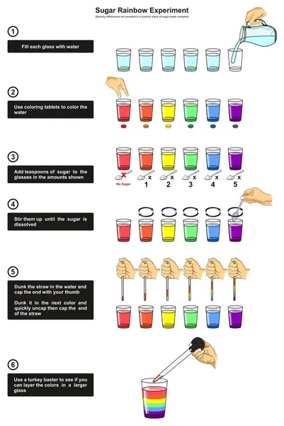 Cukr Rainbow Experiment Infografika Diagram Znázorňující Hustota Rozdíly Barevné Stonek — Stockový vektor