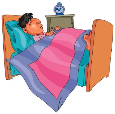 Çocuk ya da adam yatağında geç gece uyku yastık battaniye ve çalar saat çizgi film özelliği benzersiz bir çizgi roman karakteri ile karikatür ve eğitim çocuk veya yetişkin için yararlı olabilir