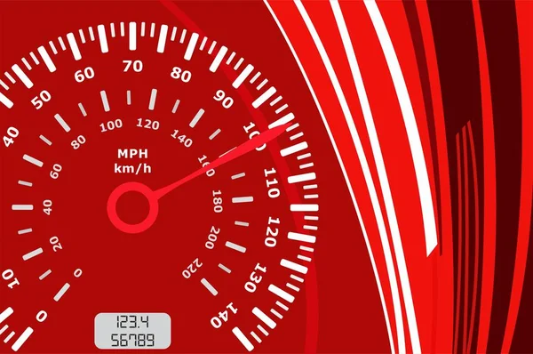 マイルとキロのスピードを示す赤い背景の速度計 — ストックベクタ