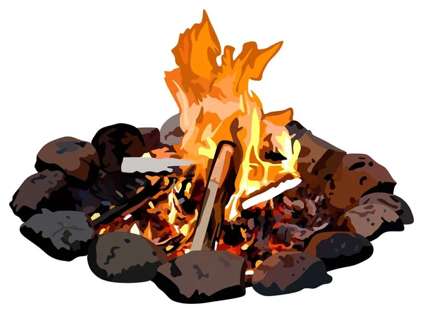 Feuer Camp Auf Abgelegenem Gelände Mit Steinen Rund Brennendes Kohle — Stockvektor