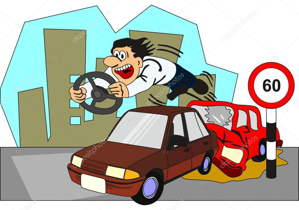Car Accident Conceptual Drawing showing two vehicles involved and the driver of backside car thrown out from the front glass with the steering on his hand as he crossed speed limit and no seat belt no safe distance