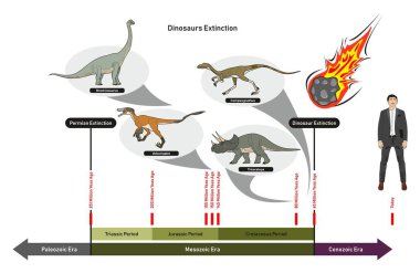 Dinozorlar Jeoloji bilim eğitimi için milyonlarca yıl önce triyas jura kretase dahil paleozoik mezozoik cenozoik dönemleri ve dinozorlar dönemleri gösteren yok olma bilgi grafiği diyagramı