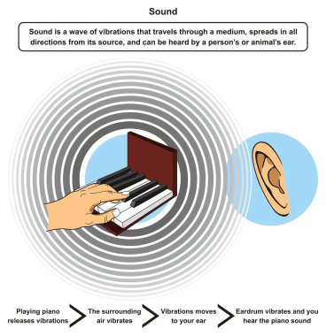 Sound infographic diagram including definition and example of playing piano releasing vibrations then surrounding air vibrates moving to ear eardrum and hearing sound for physics science education clipart
