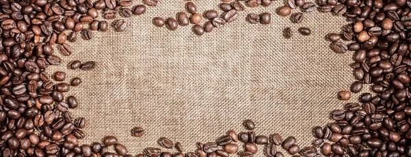 Background Frame Roasted Coffee Grains Macro Close Burlap Food Backdrop — Stock Photo, Image
