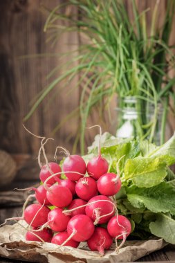 Demet taze Olgun genç turp sebze gıda organik vegan diyet detoks üretmek veya yerel pazar kavramı yeni ürün tarım ahşap masa yeşil soğan natürmort yakın çekim kopya alanı karanlık düşük anahtar.