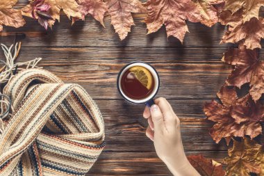 Kadın el fincan sıcak siyah çay mevsimlik kavramı İskandinav örme eşarp ahşap masa düz düşmüş akçaağaç yaprakları üstten görünüm vintage tarzı yatıyordu sonbahar sonbahar moda için tutar.
