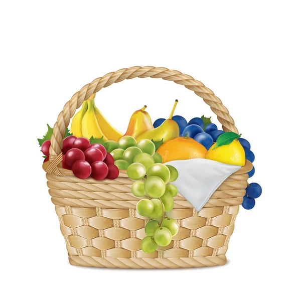 Picnic Basket Lemon Grapes Branch Bananas Orange Pears Napkin Vector — Stock Vector