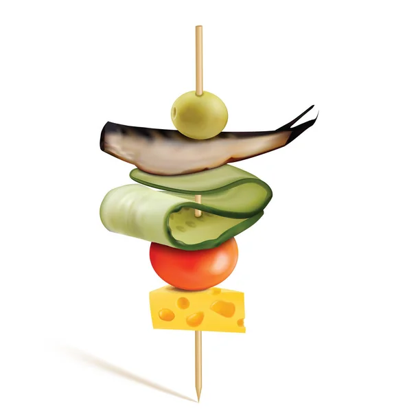 Canapé com queijo, tomate cereja, peixe e azeitona. Ilustração vetorial 3D — Vetor de Stock