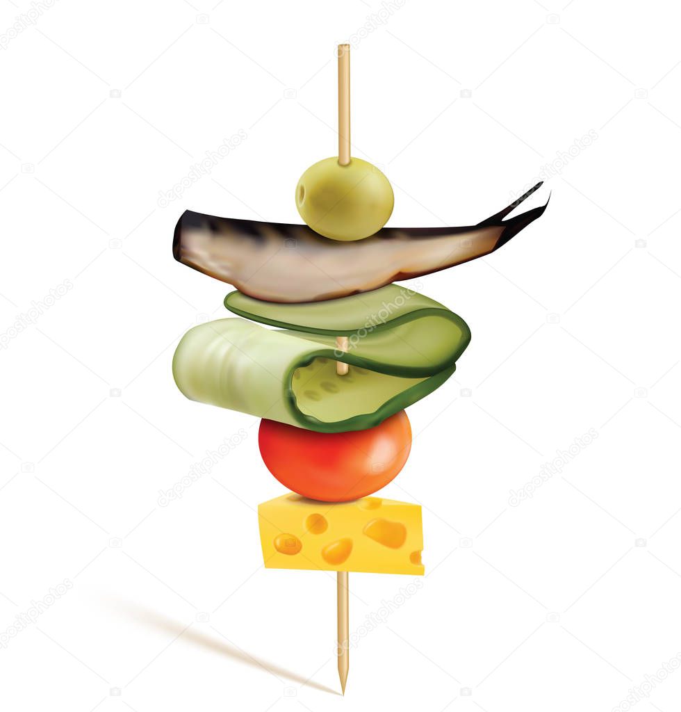 Canape with cheese, cherry tomatoes, fish and olive. Vector 3D illustration