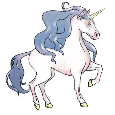 Mavi yeleli tek boynuzlu at dijital illüstrasyon