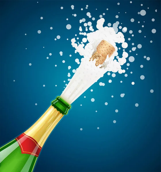 Champagne bottle. Explode traditional french alcohol drink. — Stock Vector